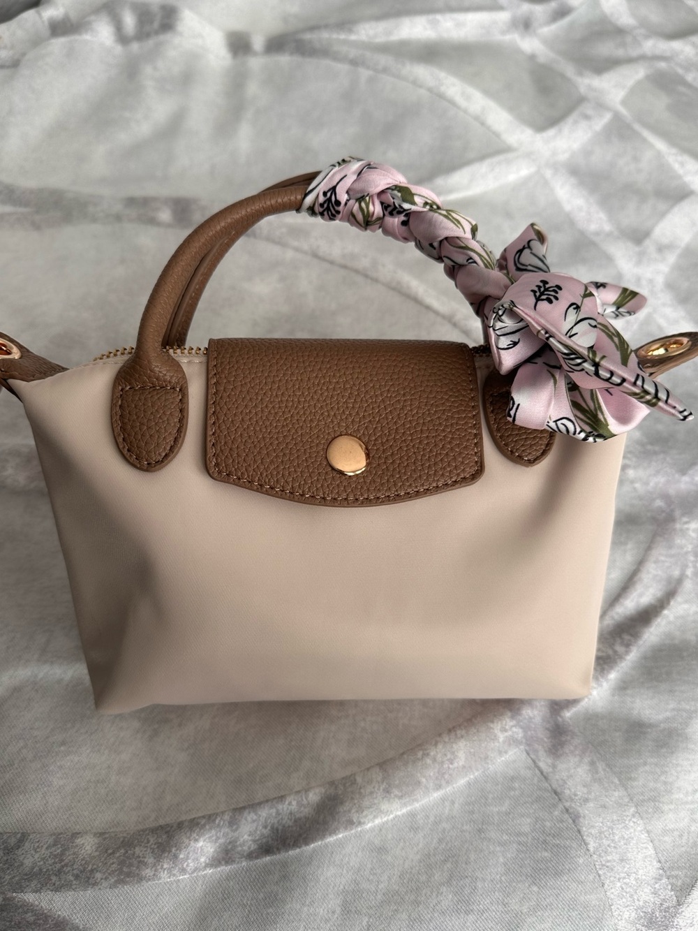 Cream & Brown Mini Top Handle Handbag with Removable Scarf